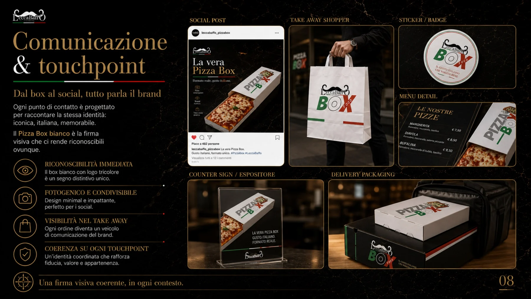 Applicazioni del marchio Pizza Box su shopper, menu, uniformi e touchpoint